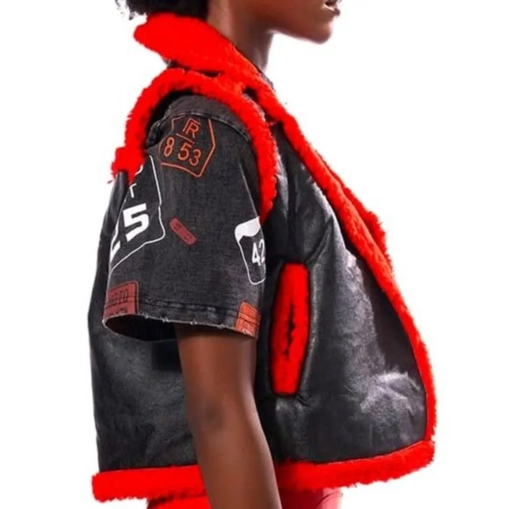 Miz Red Teddy: Soft Faux Fur Sherpa Lined Vegan Leather Vest LARGE - Picture 12 of 14